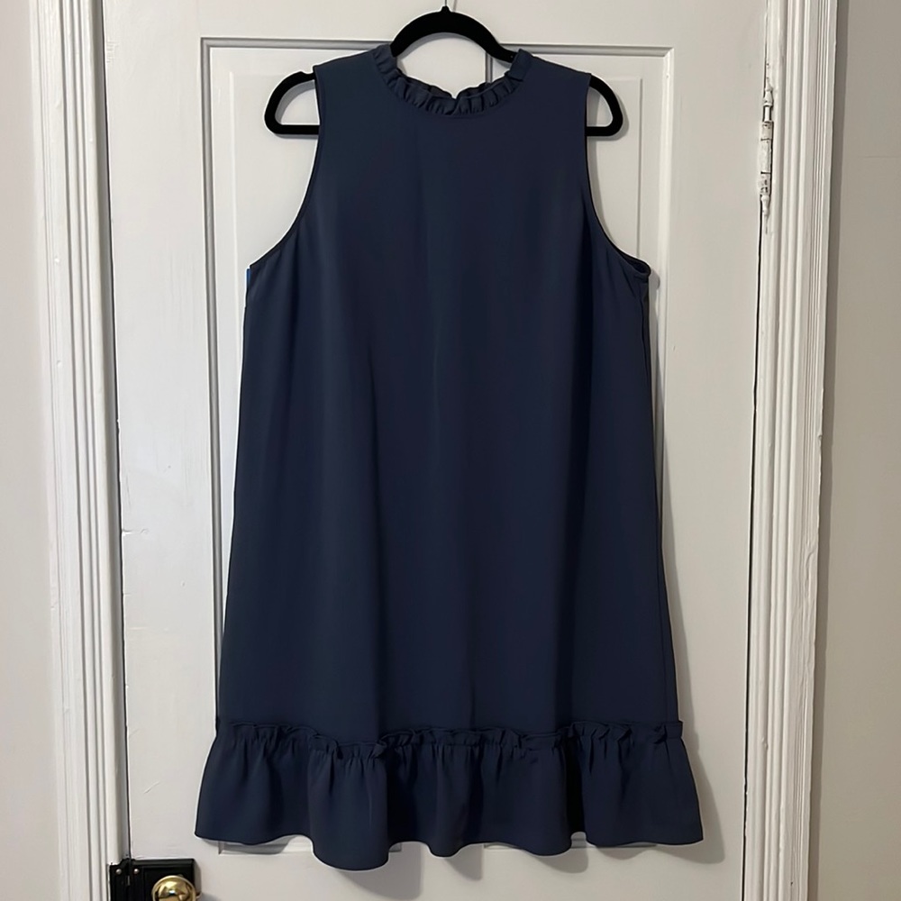 LOFT Steel Blue Sleeveless Dress with Ruffle Hem and Collar